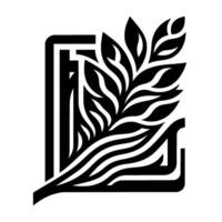 Stylized Black White Botanical Illustration with Abstract Leaves, Within Geometric Border on White Background. vector