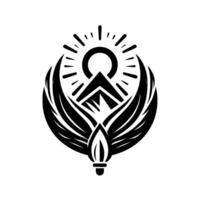 Black and white depicting mountain, sun, and wings, symbolizing growth, enlightenment, and ascent. vector