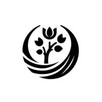 Monochromatic, minimalist tree in a circular frame with a tuliplike blossom, showcasing natures elegance, on a clean white background. vector