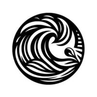 Circular black and white featuring an abstract wave, swirling motion, and stylized water elements. vector
