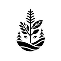 Symbolic black and white stylized A central tree, with varying leaf shapes, pinelike branches, sits above rolling hills and two smaller stylized trees, all contained within an oval. vector