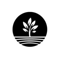 Minimalist Monochrome White Leafy Tree Rising from Striped Landscape within a Black Circle on a White Background. vector