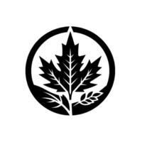 A minimalist, black and white circular emblem featuring a stylized maple leaf, other leaves, and a small sprig within the circle, showcasing elegance. vector