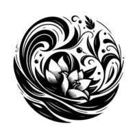 Elegant Black and White Floral Within a Circle Detailed Lotus, Swirls, Vines, and Berries, Representing Harmony. vector