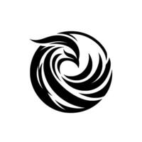 A minimalist black and white circular emblem depicts a stylized phoenix rising from waves, a symbol of rebirth and strength. vector