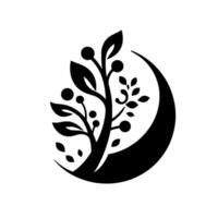 Stylized Black and White Illustration a leafy tree and berries enclosed within a crescent moon, symbolizing growth. vector