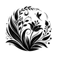 Intricate Black and White Floral Silhouette with Tulip, Butterfly, Crescent Moon, and Leafy Ornaments in a Circular Arrangement vector
