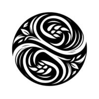 intrincado yinyang estilo de arremolinándose negro y blanco botánico elementos, hojas, y estilizado curvas dentro un circular forma. vector