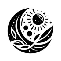 Celestial Harmony A stylized black and white showcasing a sun within a crescent moon, complemented by leaves and stars, conveying balance and natures embrace. vector