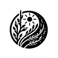 Symbolic monochrome emblem depicting a stylized sun within a circle, flanked by floral and plant elements, evoking themes of nature, growth, and tranquility. vector
