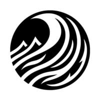 Circular Black and White Minimalist Illustration Mountains, Waves, and Dynamic Flow in a Geometric Emblem. vector