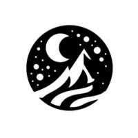A minimalist black and white showing a mountain range, moon, and stars inside a circle. A serene, nocturnal landscape. vector