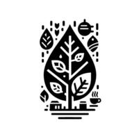 Stylized Black White Illustration of a LeafShaped Tree with TeaRelated Elements Teapot, Cup, and Decorative Accents. vector
