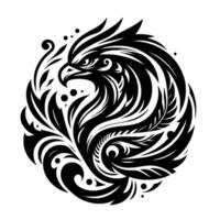 A striking, stylized black and white illustration of a bird of preys head within a circular, organic , showcasing intricate details and flowing lines. vector