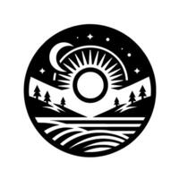 Black and white circular depicting a stylized landscape a mountain range with pine trees, a radiating sun, a crescent moon, and a body of water under a starry sky. vector