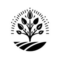 Stylized monochrome featuring a blossoming tree, leaves, and a field with radial line elements, evoking growth and nature. vector