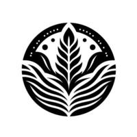 Intricate Black and White Botanical Emblem Leafy Centerpiece Within a Circular, Stylized , Featuring Dots and Waves. vector
