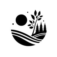 A minimalist monochrome illustration of a stylized landscape featuring a sun, tree, rolling hills, and evergreen trees, enclosed within a circular frame on a white background. vector