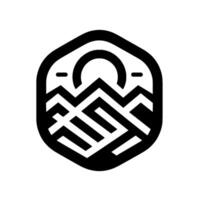 A stylized, minimalist black and white featuring a geometric landscape with mountains, a sun, and a hexagonal frame, evoking a sense of adventure and simplicity. vector