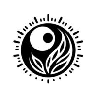 Abstract, stylized black and white featuring a circular element with leaflike shapes, a central eyelike symbol, and a sunlike border. vector