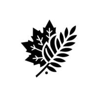 A minimalist monochrome depicting a stylized maple leaf and a fern, symbolizing nature and balance, set against a clean white background. vector