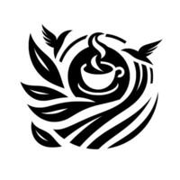 A stylized black and white featuring a coffee cup, birds in flight, and swirling leaves, creating a harmonious and natural aesthetic. vector