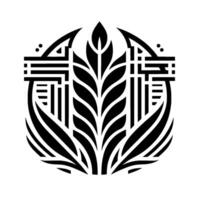 A stylized, symmetrical black and white wheatlike emblem, composed of geometric shapes and curves within a circular frame, evoking a sense of elegance and modern simplicity. vector