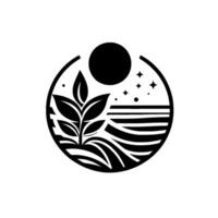 Black and white circular emblem depicting a night scene with plants, a moon, and stars, representing natures beauty. vector