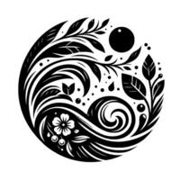 A symmetrical, stylized, monochrome botanical illustration enclosed within a circle, showcasing leaves, swirls, floral elements, and a central sunlike shape against a pure white backdrop. vector