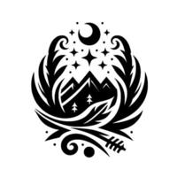 Intricate monochrome Night landscape with mountains, trees, stars, and a crescent moon enclosed within a stylized floral and foliage border. vector