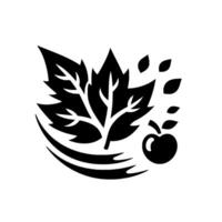Elegant Black and White Illustration Stylized Leaves, Falling Petals, and a Single Apple in a Circular Composition. vector