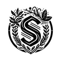 A stylized, blackandwhite emblem featuring a bold letter S within a shield, encircled by an ornamental wreath of leaves and berries, presenting a sophisticated and elegant . vector