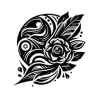 Intricate Black and White Floral A stylized rose and leaf arrangement with swirling patterns and decorative elements, evoking elegance and artistic detail. vector