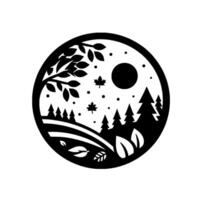 Circular Black and White Silhouette Illustration of a Forest Scene with Trees, Moon, Falling Leaves, and a Leafy Branch. vector