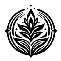 Intricate, black and white symmetrical floral , encased in a circular frame with radiating lines and star accents, illustrating natural elegance. vector