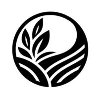 A minimalistic, black and white circular , featuring a stylized plant with leaves and layered landscape elements, evoking nature and organic concepts. vector