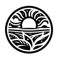 Monochromatic PolynesianInspired Circular Sun, Ocean, and Foliage Intertwined in a Stylized, Geometric Composition. vector