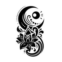 A bold, minimalist of a lotus flower and crescent moon intertwined with swirling lines and dots, a striking black and white illustration evoking balance. vector