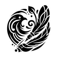 A stylized, minimalist black and white emblem, a fusion of a bird and a quill, symbolizes writing and freedom, set within a circular . vector