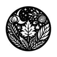 A black and white circular illustration showcasing autumn elements pumpkin, crescent moon, stars, leaves, and floral motifs arranged in a symmetrical . vector