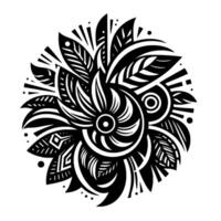 Geometric floral in a circular composition, showcasing a stylized, monochrome botanical motif with intricate leaf and petal patterns. vector