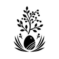 Black and white minimalist Easter egg illustration with leaves, berries, and nest elements, evoking a sense of Spring and rebirth. vector