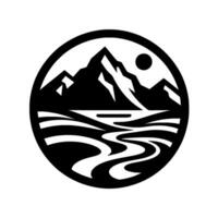 A stylized, circular emblem featuring a mountainous landscape with a river winding through the foreground, a rising sun and the crispness of a simplistic , all in black and white. vector