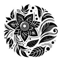 Intricate Black and White Floral Mandala A Circular Composition with a Detailed Central Bloom and Surrounding Leaves and Dots. vector