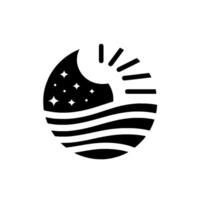Stylized Black and White Oval Depicting Day and Night, with Stars, Moon, Sun, and Ocean Waves, Representing a Harmonious Celestial Dance vector