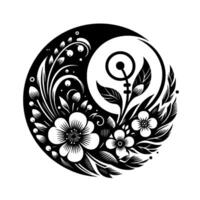 A Yin Yang inspired botanical , rendered in stark black and white, featuring symmetrical floral and leaf patterns within a circular frame, creating a visual balance. vector