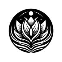 Black and white geometric floral , a stylized lotus emblem enclosed in a circular frame, with a sunmoon symbol, conveying tranquility and minimalism. vector