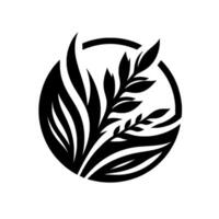 A minimalist black and white botanical featuring stylized leaves and a sprig encased within a perfect circle, evoking natures purity. vector
