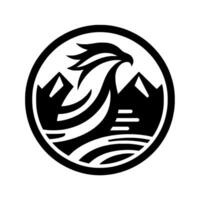 Bold circular features a stylized eagle head soaring above mountain peaks and horizontal lines, representing landscape and strength. vector