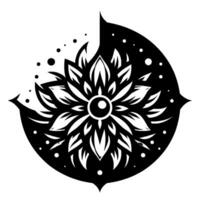 Intricate Black and White Floral Mandala with Detailed Petals and Rounded Frame, and Small Decorative Dots. vector